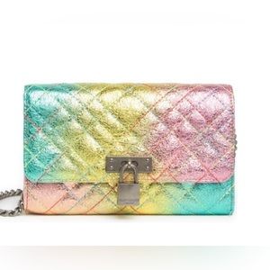 KURT GEIGER Brixton Metallic Rainbow Quilted Leather Clutch Wallet on Chain Bag.